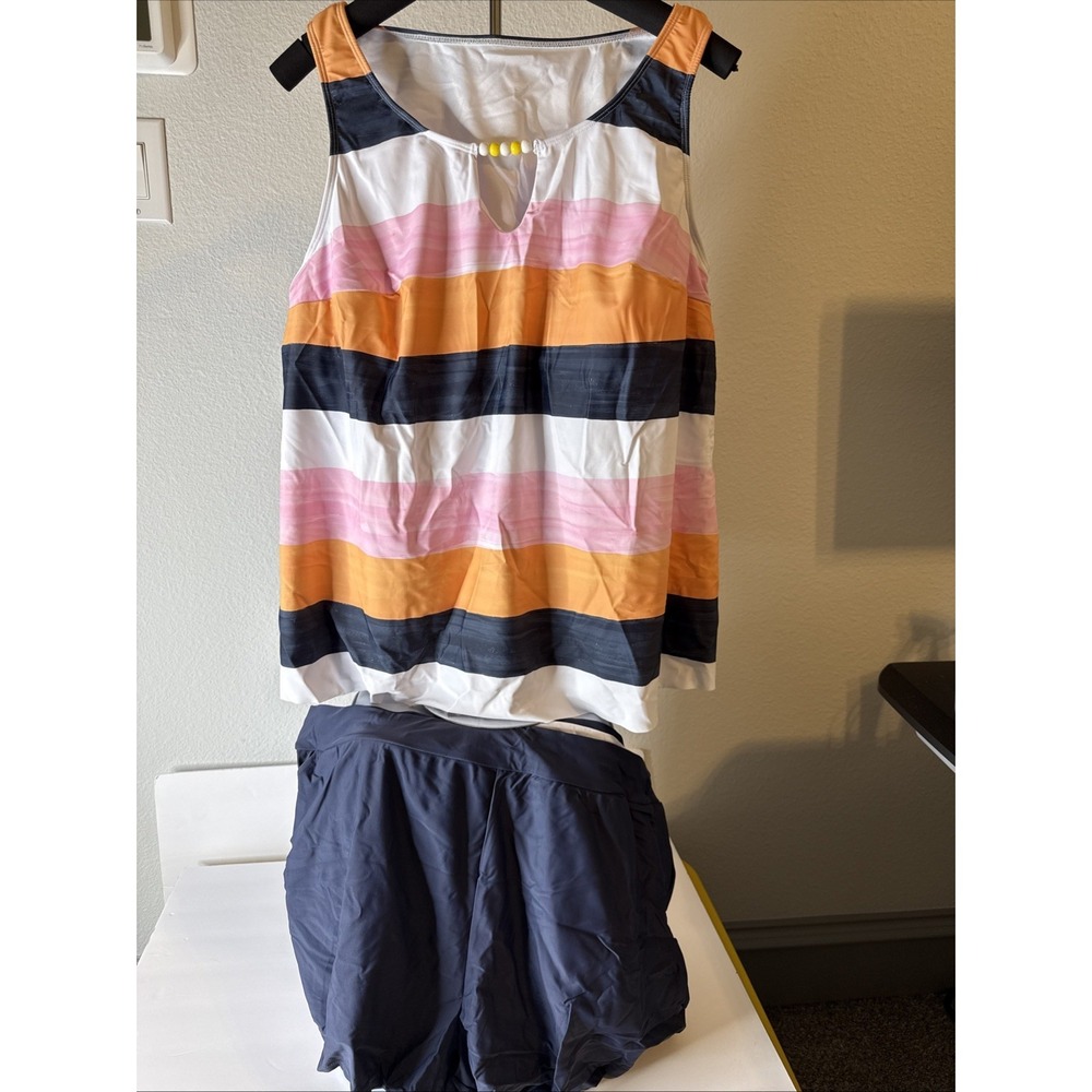 MODLILY Plus Size High Waisted Smocked  Striped Tankini Swim Suit Size 3XL